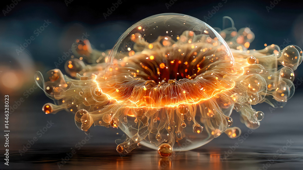 Poster abstract glowing energy sphere with red and golden particles inside a transparent orb, symbolizing p