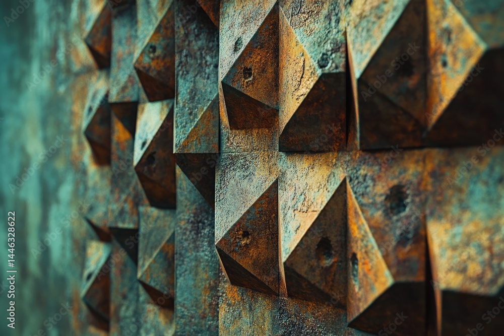 Poster a textured wall panel with metallic, three-dimensional pyramid shapes, showcasing a unique and weath