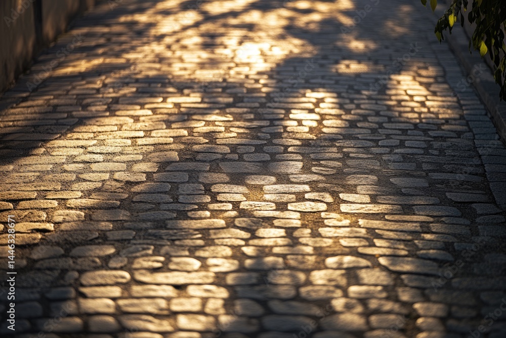 Aufkleber sunlight casts shadows on an old cobblestone path, creating a warm and inviting atmosphere along a v