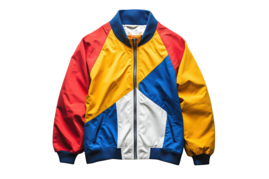Retro 90s color block jacket vibrant red yellow blue and white nylon design stylish bomber style zip