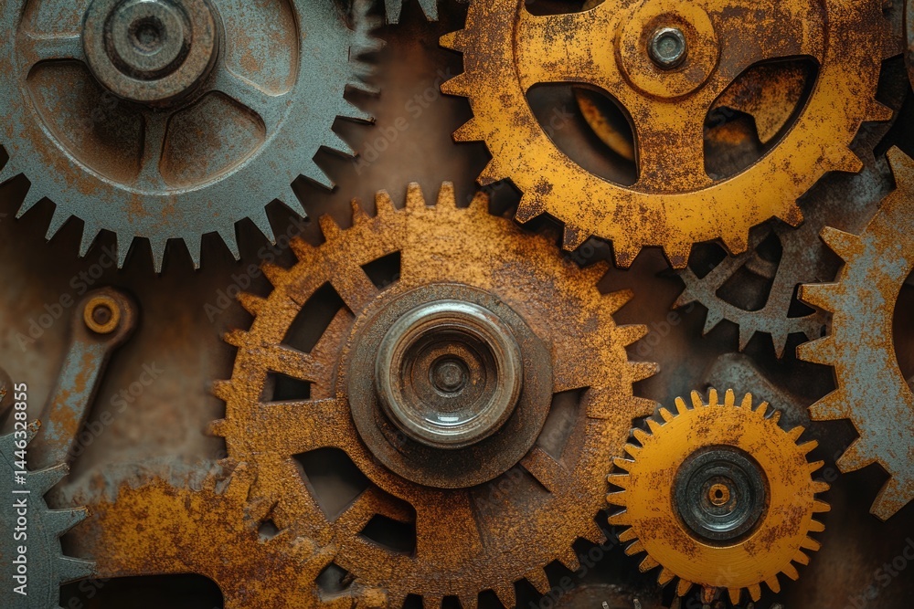 Poster close-up of interconnected rusty gears, showcasing intricate mechanical designs and textures, symbol