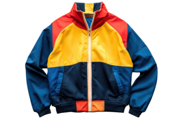 Vibrant 90s Retro Colorblock Jacket Bold Blue Red Yellow Stylish Vintage Design