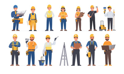 Cartoon Engineers Vector Illustration: Technicians, Builders, and Mechanics in Minimalist Style