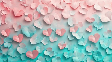 Obraz premium Delicate paper hearts and petals, pastel pink and teal gradient background