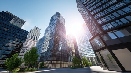 Fototapeta premium Modern buildings against a blue sky with bright sunlight reflecting off glass.