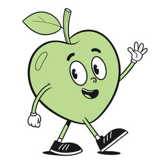 Cartoon Apple Character Walking Waving Hand. Smiling Fresh Fruit Mascot With Face