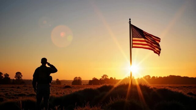 Sunrise salute by soldier with American flag at dawn, honoring service and sacrifice in serene rural landscape