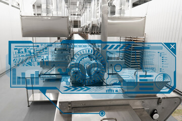 Industrial production line equipment with a futuristic blue digital HUD overlay displaying data and system monitoring