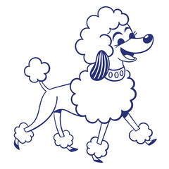 Blue Outline Cartoon Poodle Dog Walking With Collar On White Background
