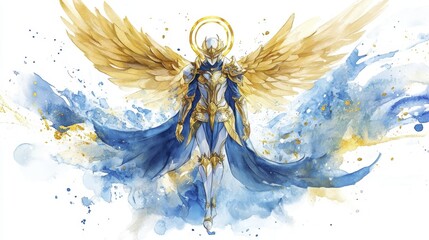 Winged warrior in blue and gold armor, celestial figure with halo on a white backdrop with watercolor accents and golden sparks