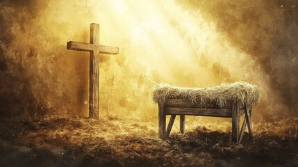 Rustic wooden cross stands near manger filled with straw, golden glow symbolizes faith, hope, and divine presence
