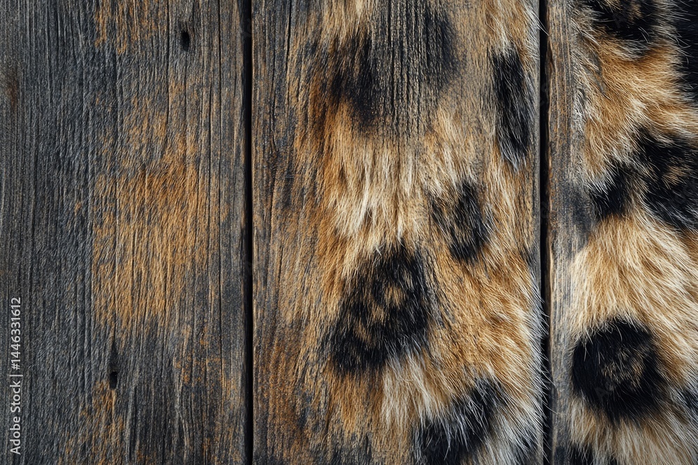 Poster a unique image of a rustic wooden surface juxtaposed with fur with black spots creating contrast tex