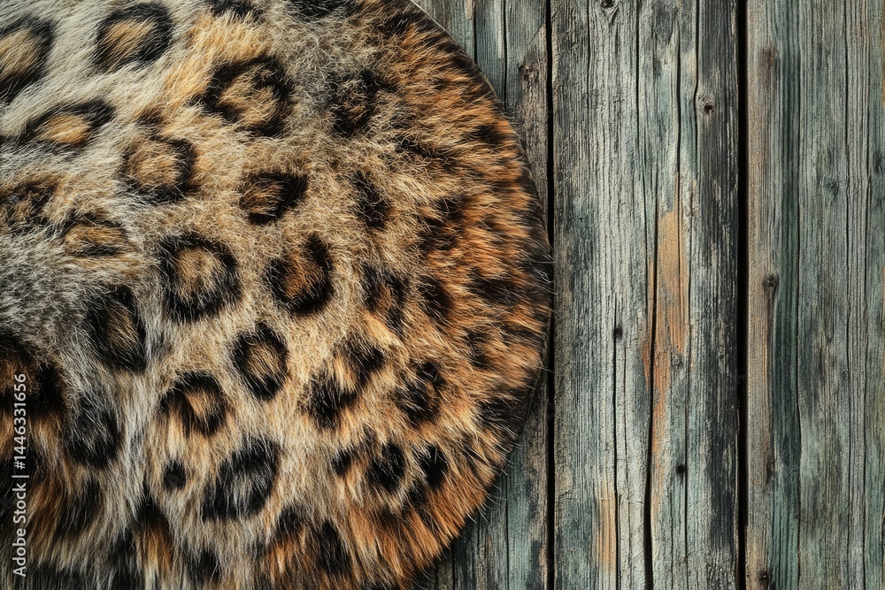Poster the image shows a piece of fur with leopard print and a rustic weathered wooden surface with vertica