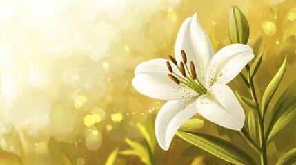 Elegant single white lily blossom with stamen and leaf against a soft golden bokeh light filled backdrop for graphics