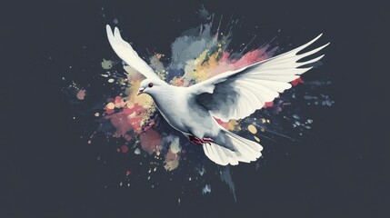 Fototapeta premium Dove in flight with wings spread amidst vibrant paint splatters on dark grey backdrop, conveying peace, hope, and freedom