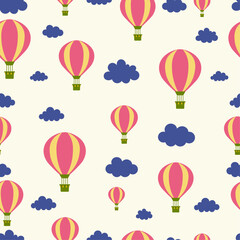 Hand drawn seamless vector pattern with colorful hot air balloons and clouds. Wallpaper with simple geometric shapes. Backdrop for children