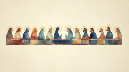 Stylized Depiction of Biblical Group with Golden Halos Seated Together in Simple Geometric Shapes on Pale Background