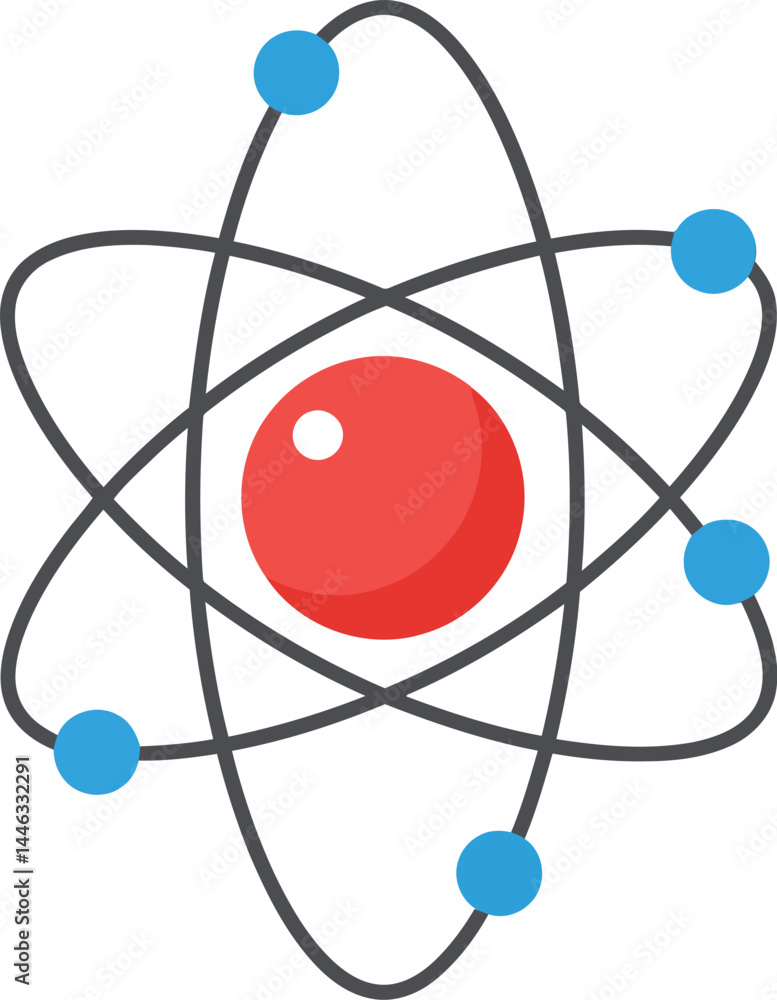 Aufkleber atom model with red nucleus and blue electrons orbiting simple science icon vector illustration