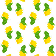 Obraz premium Pattern of bright lemons with green leaves on a white background creating a vibrant design for home decor or fabric