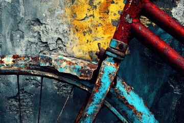 An old rusty bicycle against a textured wall with peeling paint displays vibrant colors and decayed beauty.