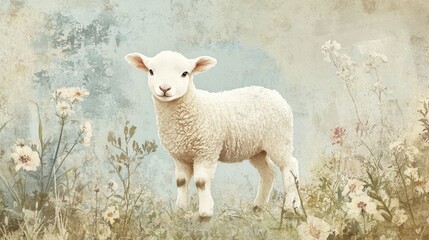 Fototapeta premium Young fluffy lamb standing in textured field with delicate flowers and vintage style