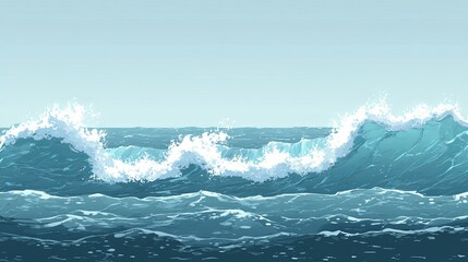 Fototapeta premium Dark blue waves in the ocean are shown under a pale sky in the illustration Fathomless Blue
