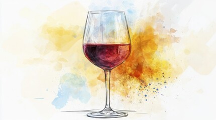 Single Glass of Red Wine in a Sketchy Style with Colorful Abstract Watercolor Splashes on White Background