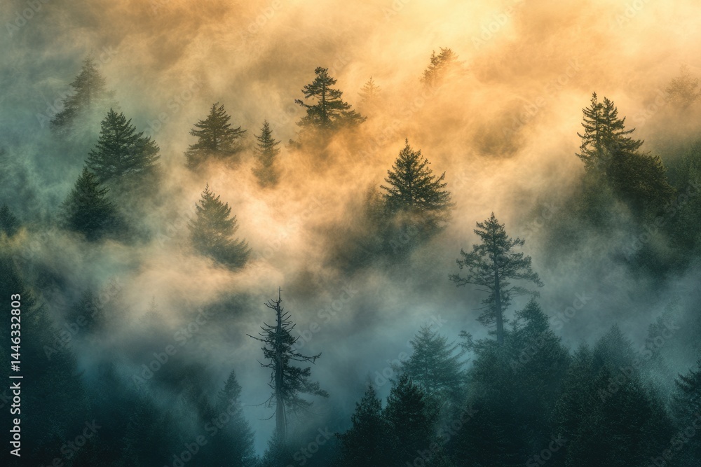 Poster misty forest landscape with towering evergreen trees shrouded in fog, creating an ethereal and atmos