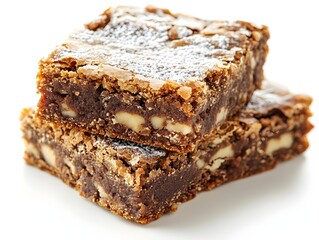 Two delicious homemade chocolate brownies with white chocolate chips and powdered sugar topping are stacked on a white background.