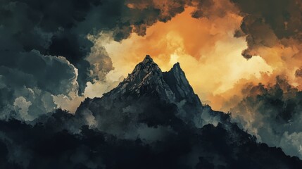 Fototapeta premium Dramatic mountain landscape under stormy contrasting sky with dark and orange clouds