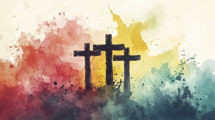 Painted three religious crosses on a textured paper with colorful watercolor paint washes