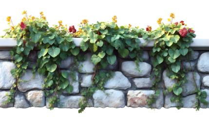 Stone Wall with Climbing Plants and Flowers