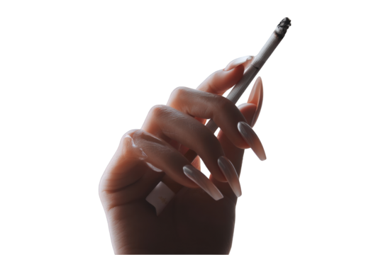 Elegant female hand holding a cigarette with long nails art dark risk on transparent background