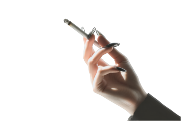 Elegant woman hand holding a burning cigarette dark background art long on transparent background