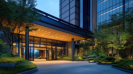 Modern building entrance at twilight