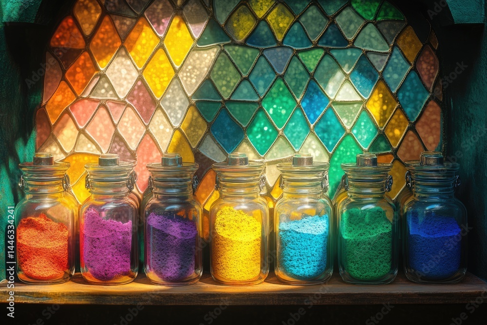 Poster a row of jars filled with colorful pigments in front of stained glass window.