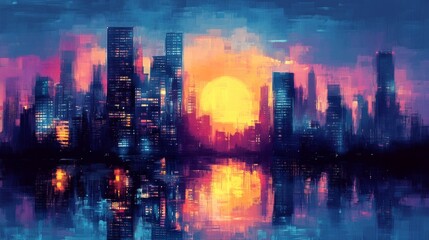 Fototapeta premium The Dissolving Horizon illustration showcases an abstract expressionist depiction of a neon metropolis, where skyscrapers dissolve into electric colors that stream across a twilight sky, achieved
