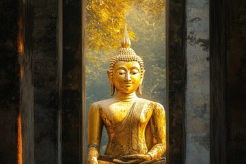 Obraz premium A golden Buddha statue sits serenely within an ancient stone frame, bathed in soft sunlight and surrounded by nature.