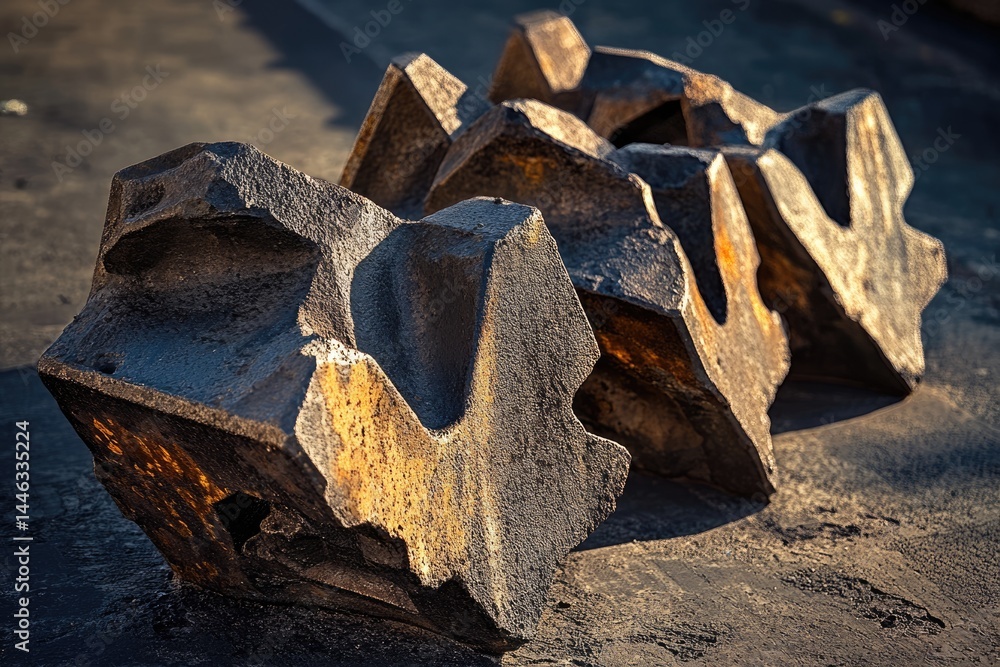Poster the weathered, angular metal pieces rest on a dark surface, hinting at industrial machinery or archi