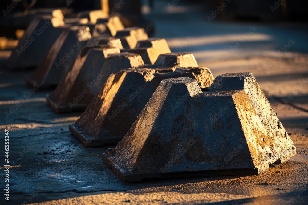 Poster a row of rusty, weathered metal structures catches the warm light, creating contrasting shadows and 