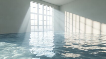 Eerie lighting and reflections fill a haunting, submerged room, where an unsettling silence evokes a ghostly presence, as shown in the illustration