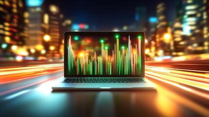 Night city, laptop screen, financial graph, data analysis, business