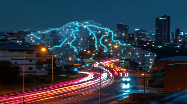 Night city highway with digital map overlay.  Use Technology, connectivity concept - Powered by Adobe