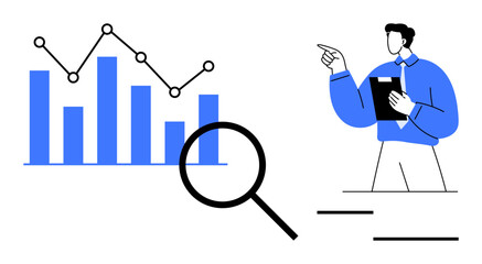 Bar chart with growth line under magnifying glass and pointing professional holding clipboard. Ideal for analytics, data research, business growth, presentation, strategy, report, insight. Flat