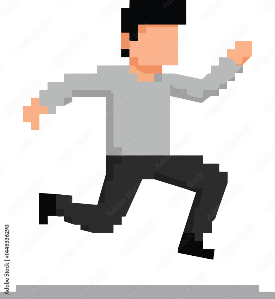 Poster pixel art style running man character jumping in midair with dynamic motion and shadow vector illust