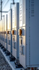 Electrical cabinets stand in a row, bathed in warm sunlight