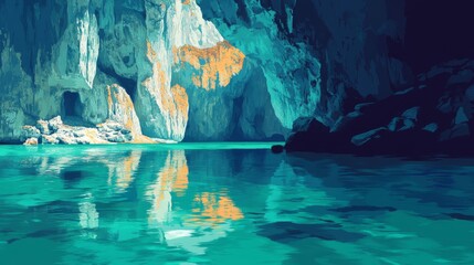 Subterranean Waters, an illustration, showcases an underground lake of mystery, a world of wonder beneath the surface, where clear waters meet massive stalagmites in a breathtakingly beautiful cave