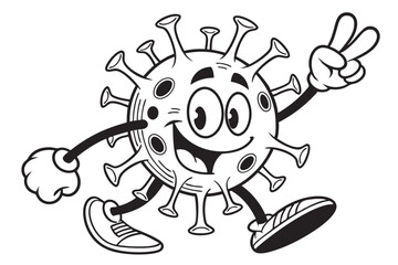 Cartoon Virus Character Walking with Peace Sign, Smiling, Isolated White Background