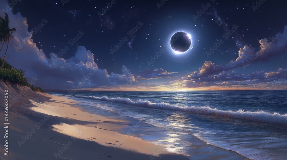 Poster a solar eclipse reflected on the ocean's surface, captured in a high-resolution image called eclipse
