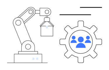 Robotic arm lifting an object next to a gear with group icon. Ideal for automation, teamwork, industry, technology, engineering, innovation, workforce. Flat simple metaphor